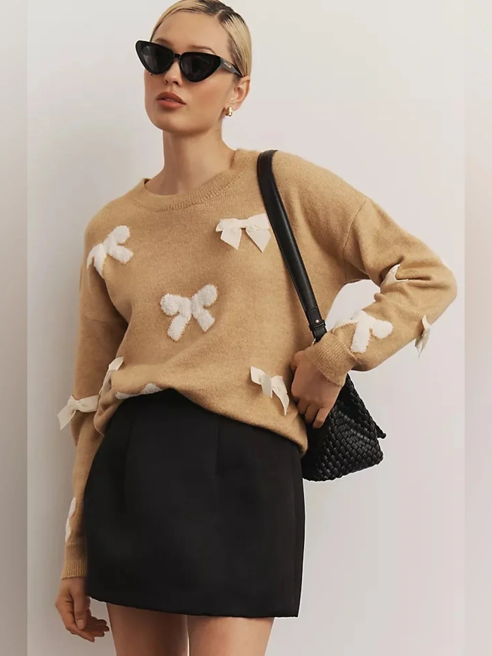 Anthropologie Maeve 3D Bow Sweater in Honey Tan Small Coquette Girl
